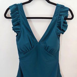 NWT XL Blue Green Ruffle Sleeve One Piece Swimsuit